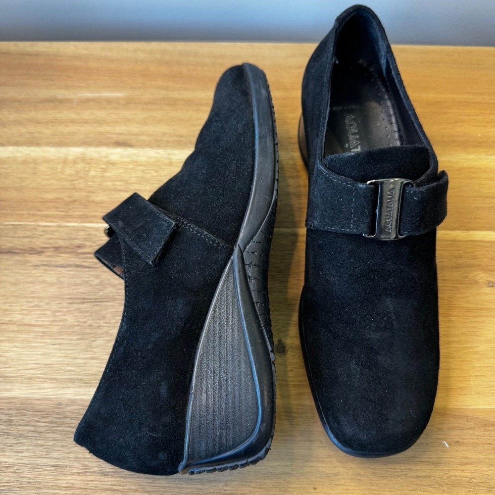 Aquatalia Marvin K Women 7.5 Black Suede Wedge Loafers Italy Comfort Boho‎